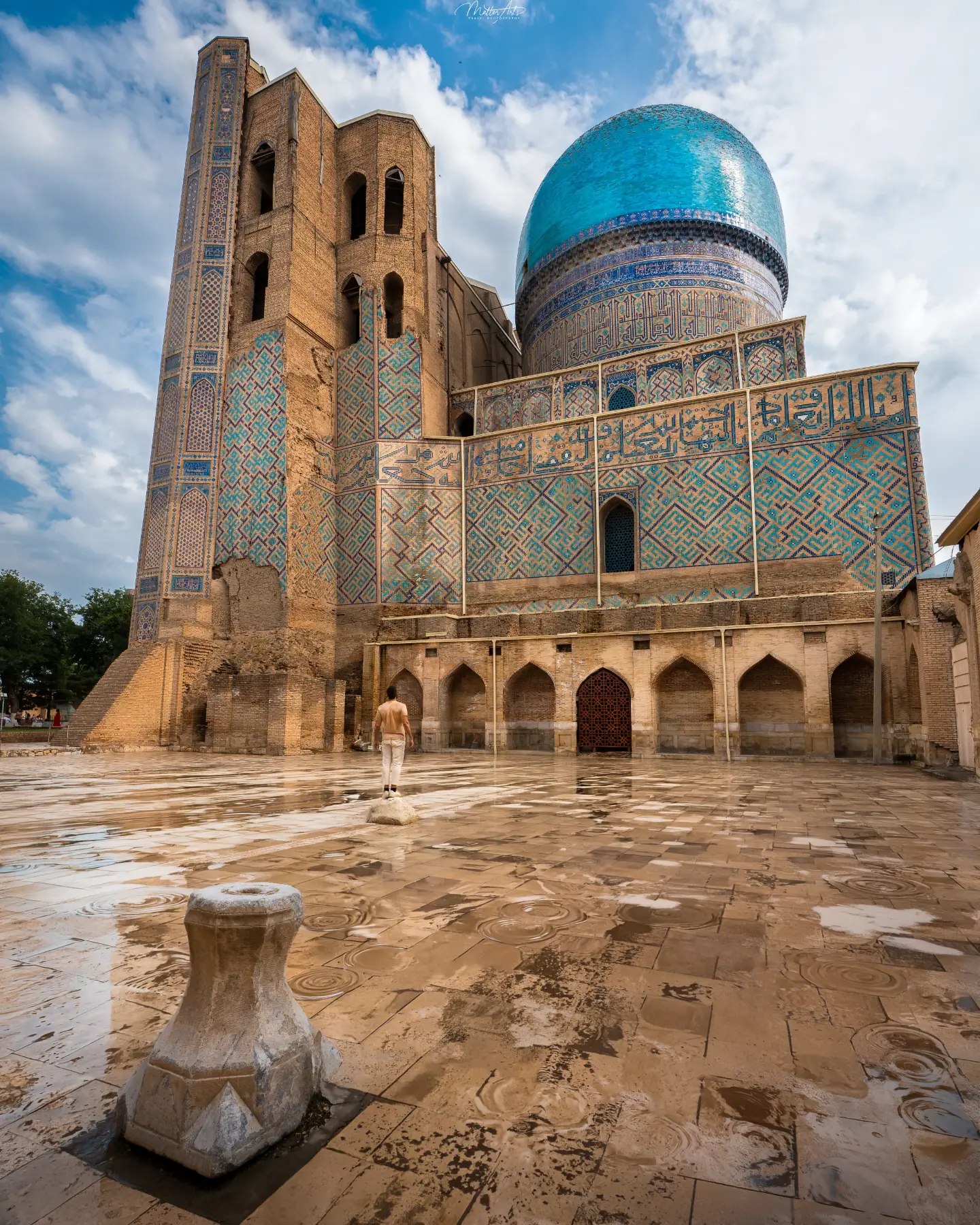A ribbed turquoise dome above a courtyard with a tree