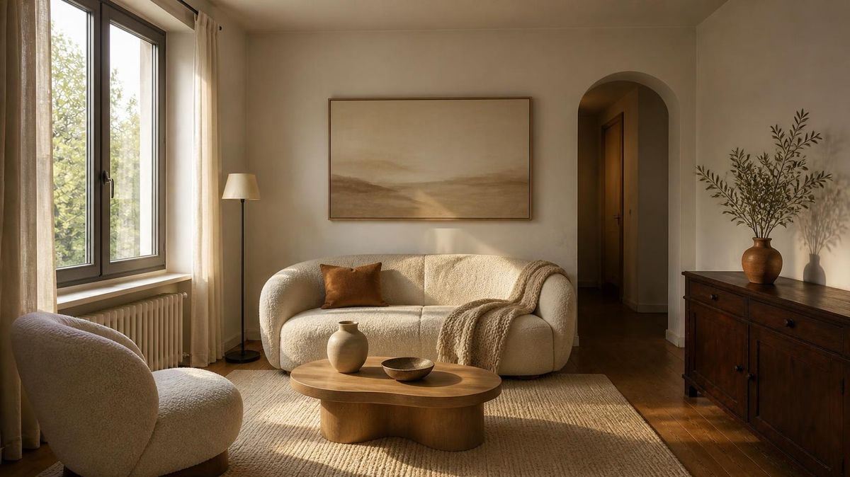 The room redesigned in a warm oak and linen style
