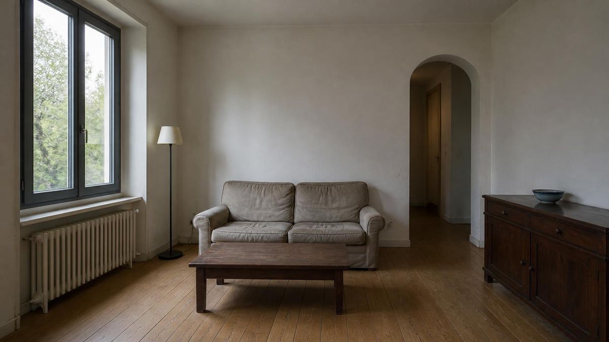 The original room: a plain sofa, dark coffee table and bare walls