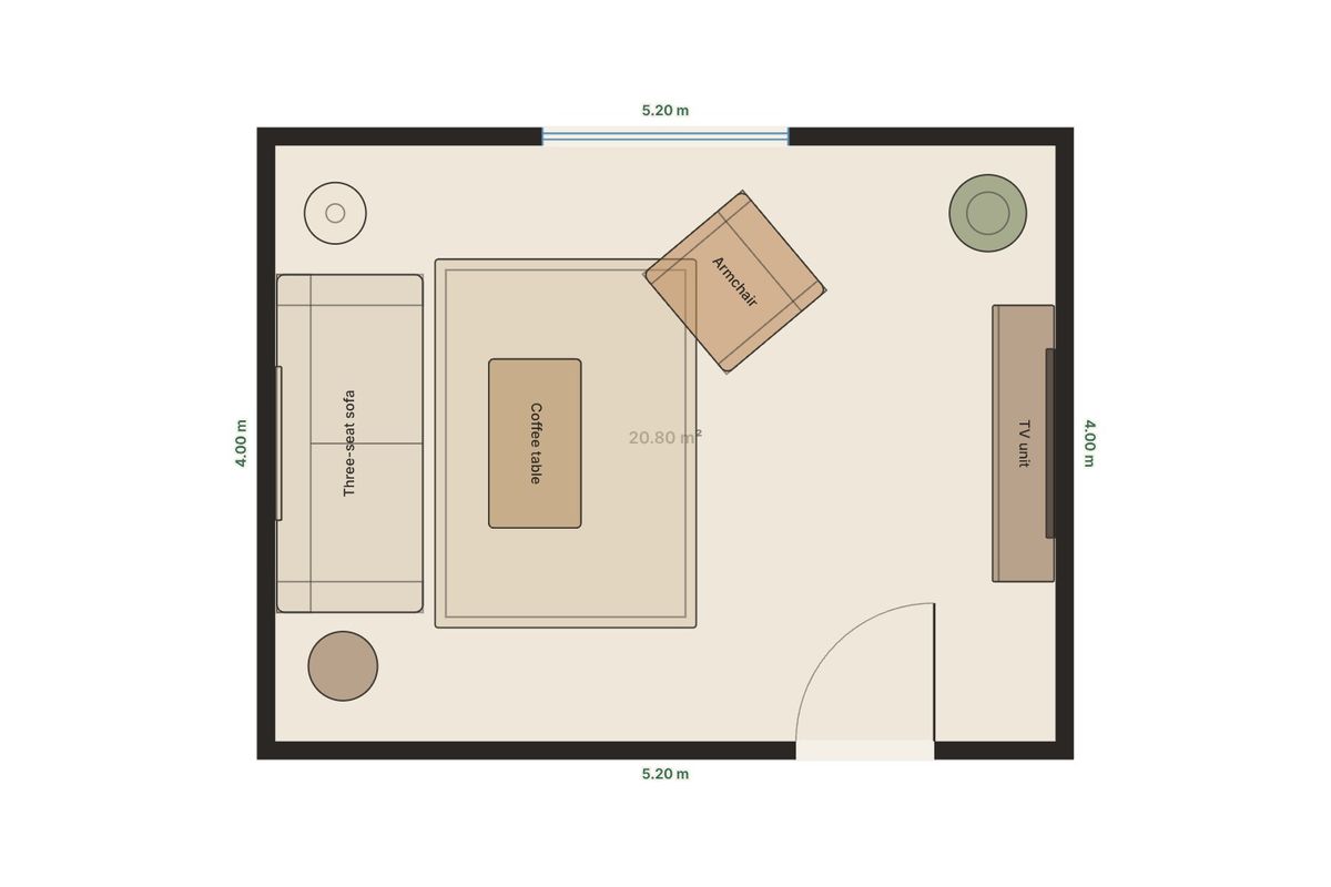 A measured floor plan of the room with furniture